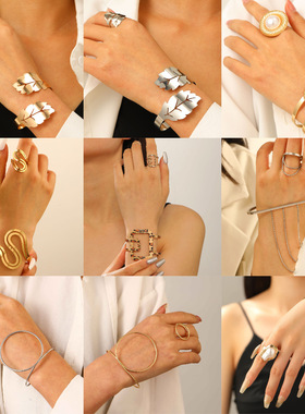 欧美跨境几何开口豹纹手镯戒指两