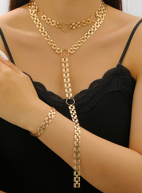 嘻哈朋克粗链圆环吊坠多层Y形手