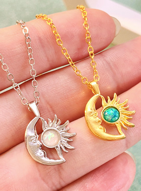 跨境新款猫眼石太阳月亮项链女in