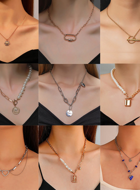 跨境热销镶珍珠项链女朋克嘻哈创意锁形爱心粗链条锁骨链毛衣链批