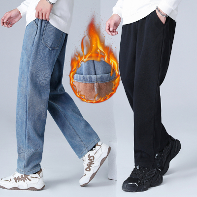 加绒牛仔裤男士冬季美式复古休闲裤子男潮青少年直筒加厚保暖长裤