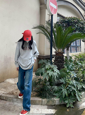 EARNED新款宽松水洗蓝直筒牛仔裤 显腿长酷妹阔腿长裤