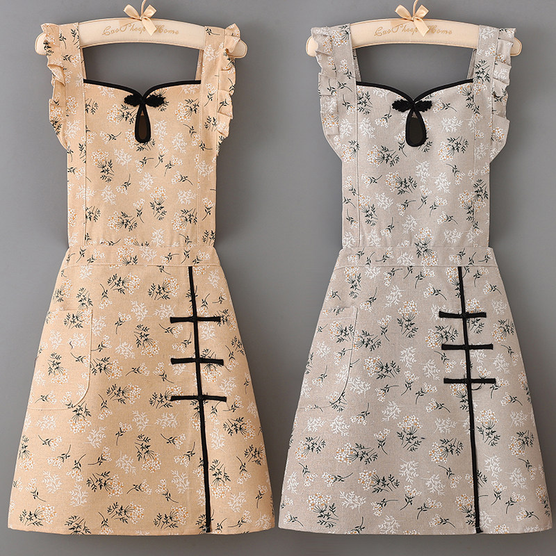 新中式旗袍围裙餐饮服务员上班工作服女时尚洋气家用厨房做饭防污