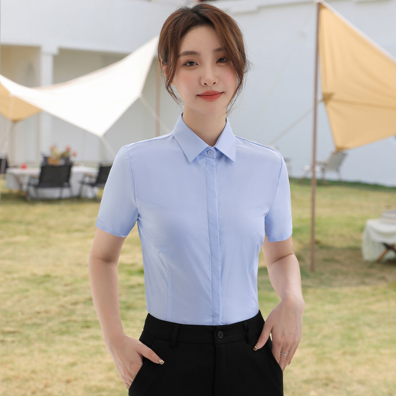 蓝色斜纹短袖衬衫女职业正装气质制服前台工装面试银行工作服衬衣