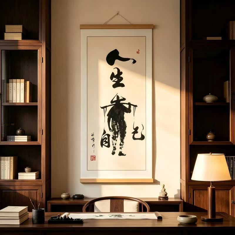【人生靠自己】新中式字画办公室挂画励志书法茶室背景装饰画K