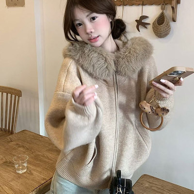 高级感软糯大毛领连帽针织开衫女2025秋冬新款毛衣慵懒风宽松外套