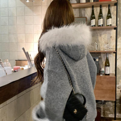 韩系高级感毛领连帽灰色毛衣开衫外套女秋冬宽松慵懒风外穿上衣厚