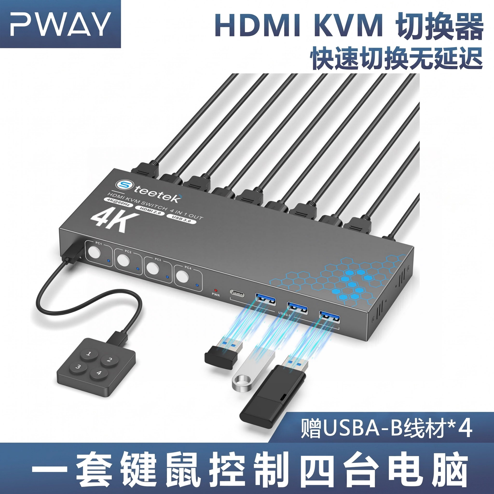 HDMI kvm切换器高清4K60多电脑分配同步器4口四进一出共用显示器键盘鼠标打印机USB3.0接口办公家用无缝切换