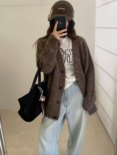 女秋冬新款 针织开衫 慵懒风毛衣 中长款 欧货复古花线V领单排扣大版