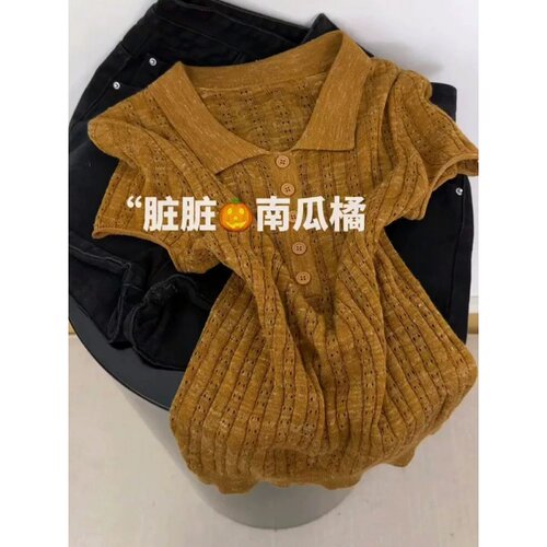 韩系翻领镂空针织短袖T恤显瘦