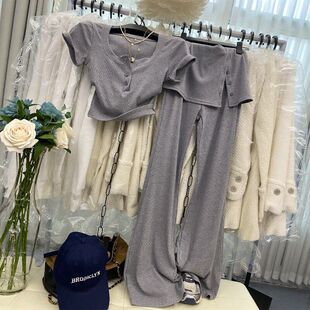 夏季新款时尚套装大码2-300斤针织短袖上衣显瘦开叉阔腿裤两件套