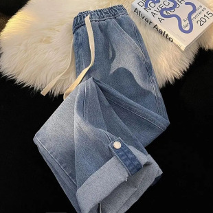 宽松阔腿高街直筒裤 300斤复古美式 女春秋季 子 牛仔裤 加肥加大码