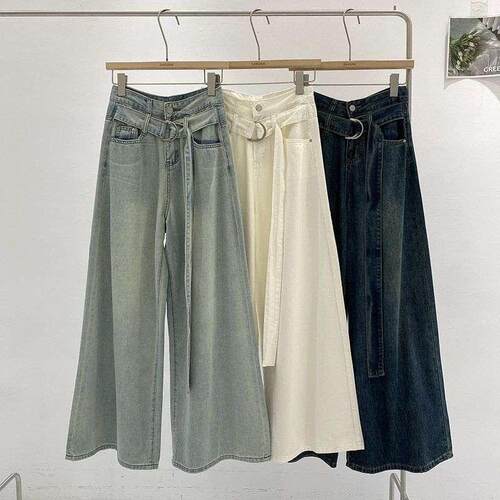 复古chic宽松牛仔阔腿拖地裤