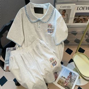 减龄套装 两件套 短裤 特大码 polo衫 女夏季 300斤时尚 宽松刺绣短袖