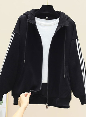 特大码300斤连帽开衫卫衣女春秋冬宽松bf慵懒风200斤胖mm上衣外套