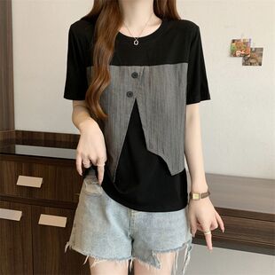 新款 t恤女夏装 宽松胖mm不规则独特上衣 300斤拼接假两件短袖 特大码
