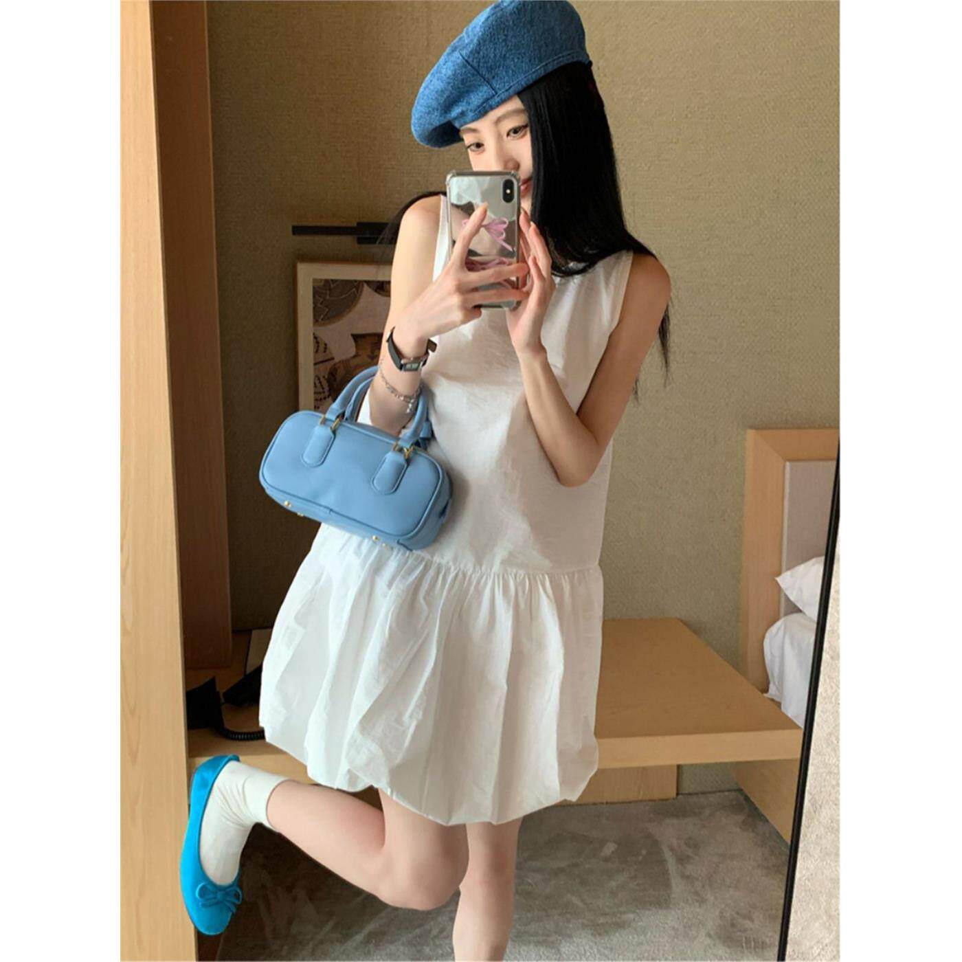 韩系白色无袖背心连衣裙