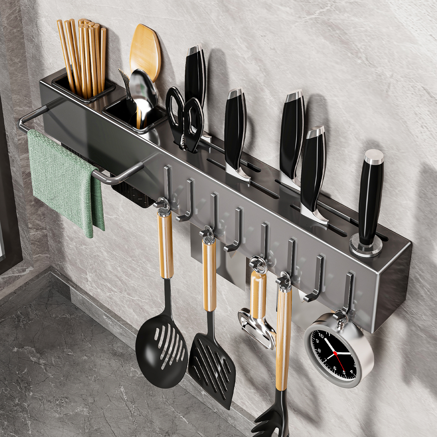 不锈钢刀架壁挂式免打孔厨房多功能菜刀置物架刀具筷子筒一体架子