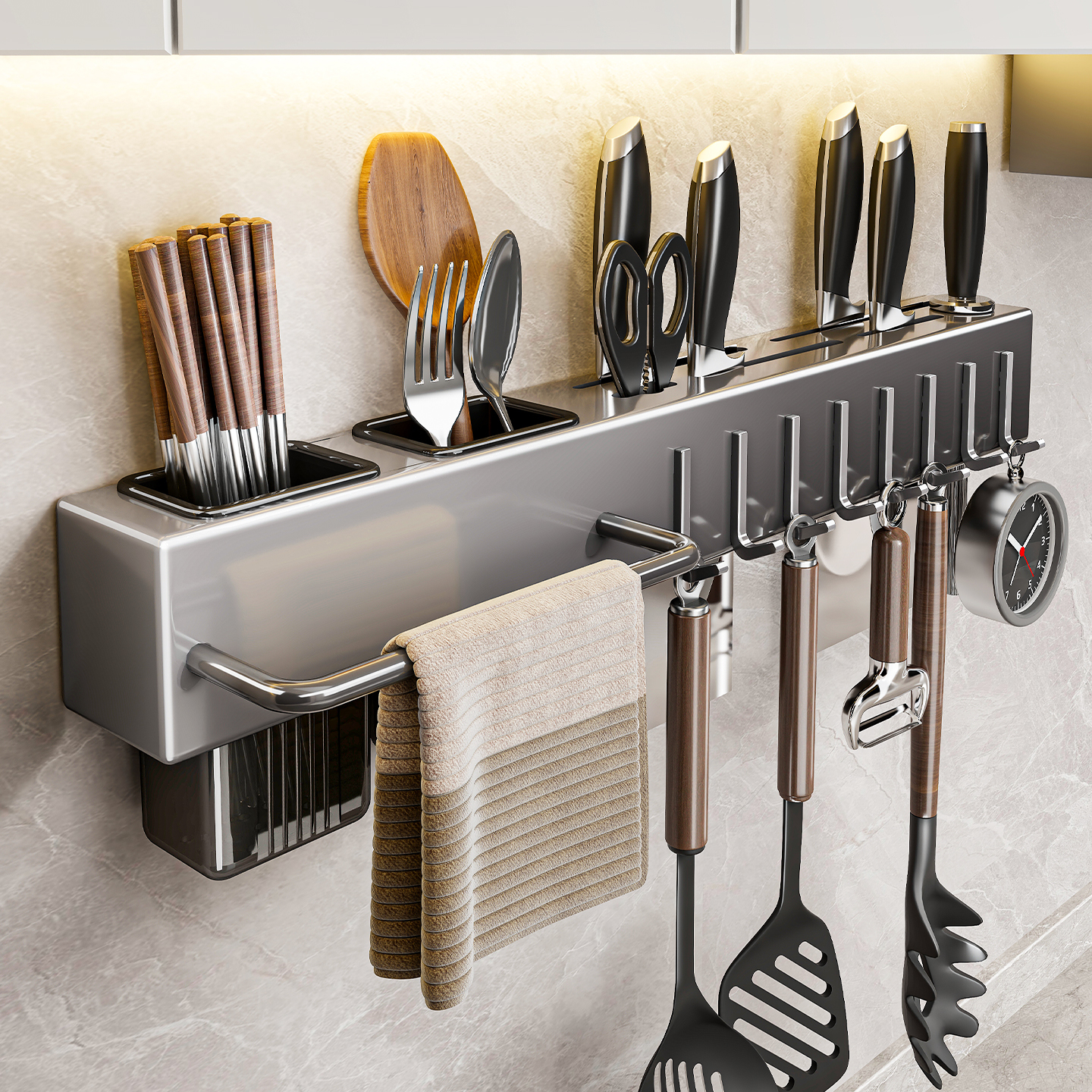 不锈钢厨房刀具置物架多功能免打孔刀架收纳架壁挂式刀筷一体架子