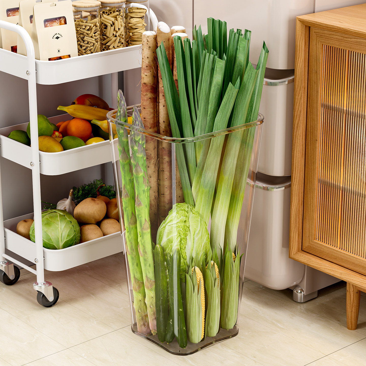厨房山药大葱蒜头收纳篮落地缝隙蔬菜收纳框大容量透明食材整理桶,厨房/烹饪用具,果蔬置物架/篮/框,淘宝优惠券,粉丝福利购,淘宝优惠卷