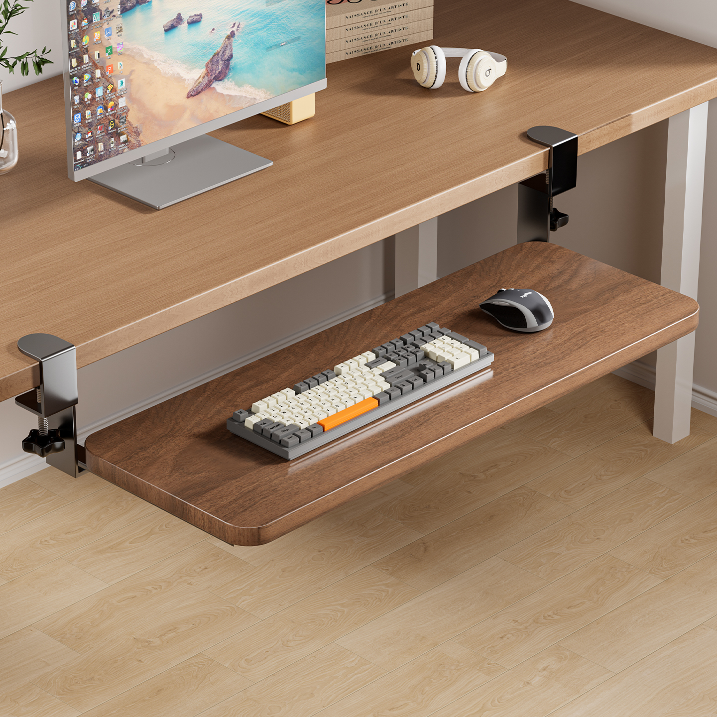 可伸缩键盘托架免打孔桌面滑轨夹桌下办公桌鼠标键盘抽拉托盘架子