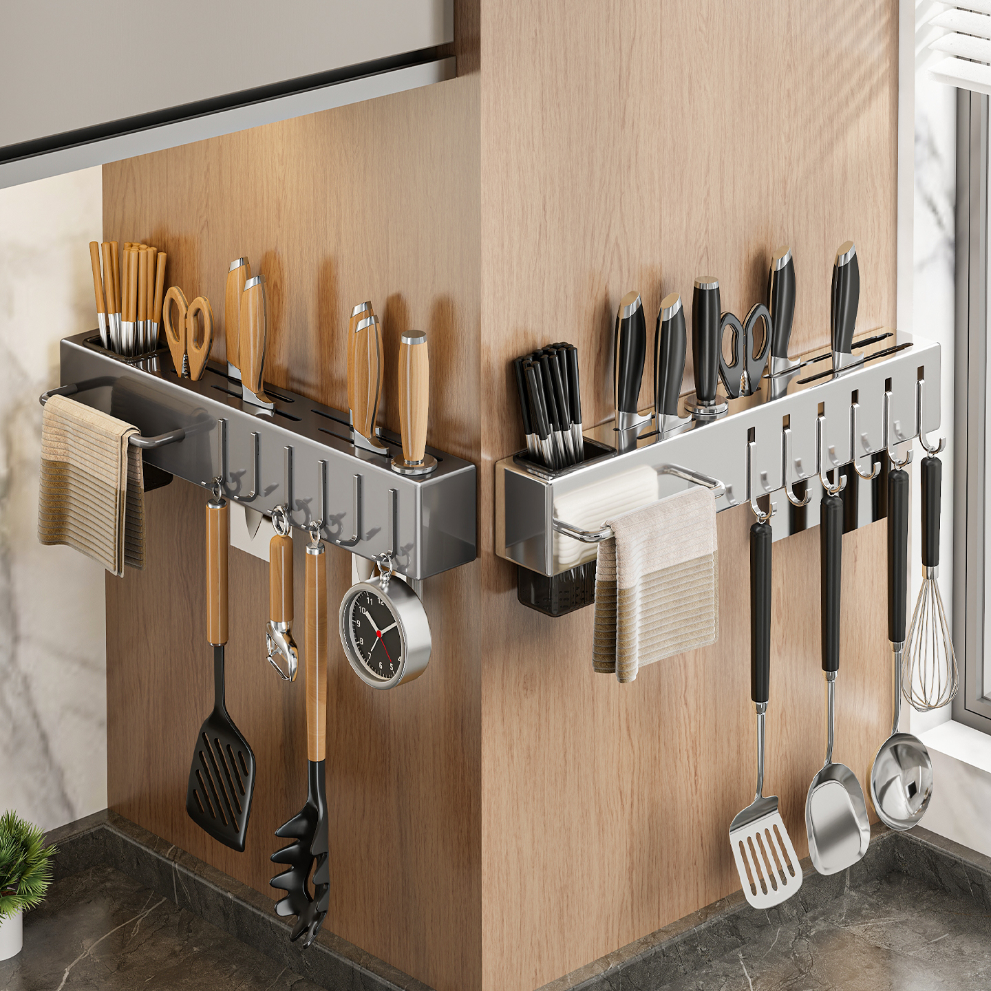 厨房刀架置物架壁挂式不锈钢多功能菜刀筷子一体收纳架免打孔筷筒