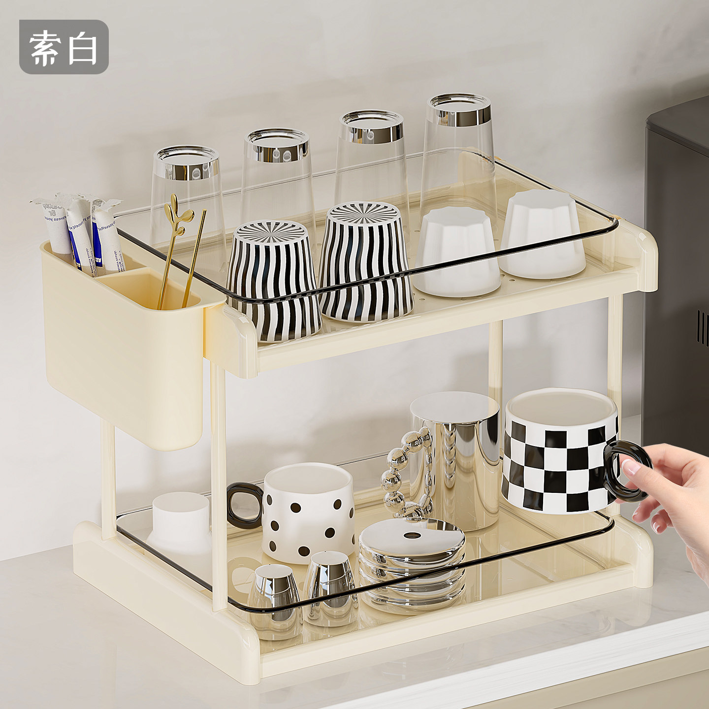 杯子收纳置物架高级感轻奢双层沥水桌面杯架餐边柜茶具茶包收纳架