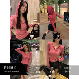 显瘦长袖 辰米范 女2025新款 黑色修身 t恤打底内搭上衣 连帽针织衫