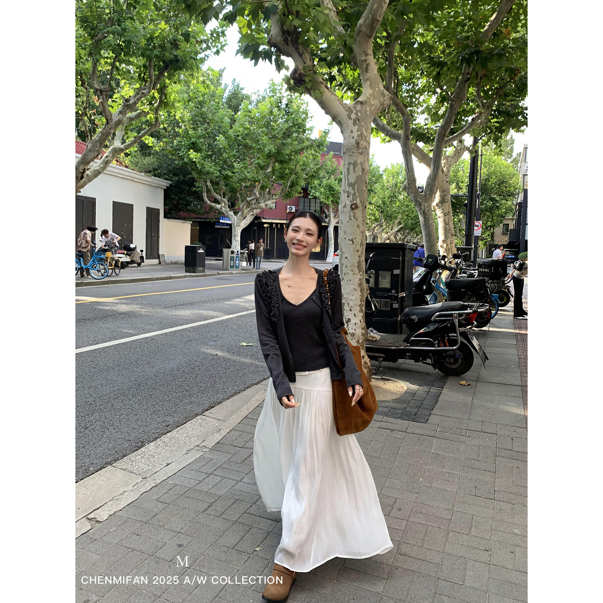 辰米范【现货7折】流光纱优雅气质半身裙女设计感拼接缎面A字长裙