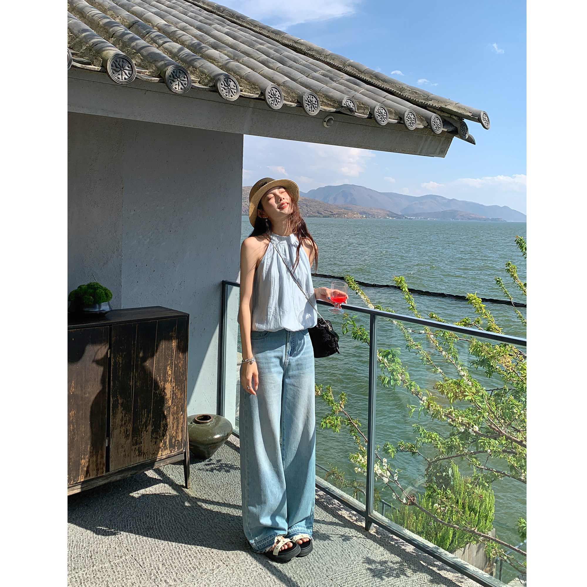 辰米范 蓝色宽松阔腿牛仔裤女2025新款高腰垂感直筒休闲拖地长裤,女装/女士精品,牛仔裤,淘宝优惠券,粉丝福利购,淘宝优惠卷