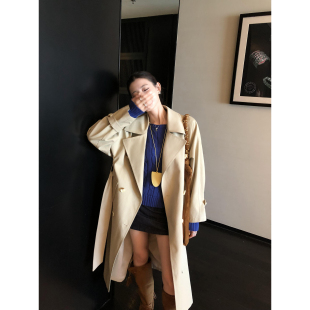 辰米范【现货6折】卡其色双排扣风衣外套女中长款休闲廓形大衣