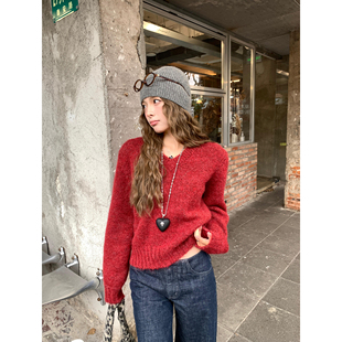 辰米范 红色v领毛衣女秋冬新款羊毛上衣宽松针织内搭打底衫