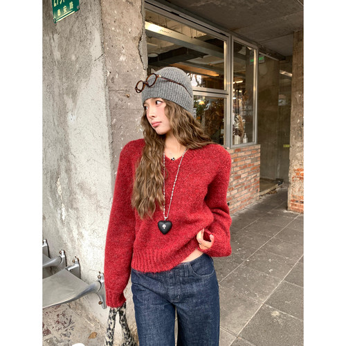 羊驼毛v领毛衣女红色羊毛上衣