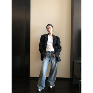 辰米范 搭配万金油 复古蓝水洗做旧牛仔裤女宽松垂感显瘦直筒裤