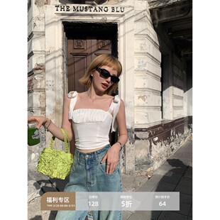 现货5折 吊带背心小衫 蝴蝶结绑带上衣女修身 无袖 短款 辰米范