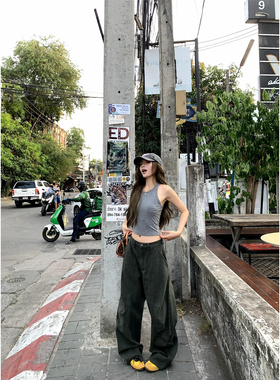 辰米范 镰刀裤 复古军绿色拼接设计感工装牛仔裤女宽松休闲阔腿裤