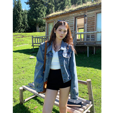辰米范 蓝色短款牛仔外套女秋季韩系翻领复古宽松休闲夹克上衣