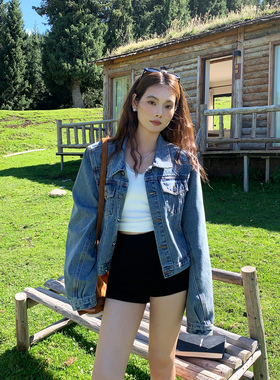 辰米范 蓝色短款牛仔外套女秋季韩系翻领复古宽松休闲夹克上衣