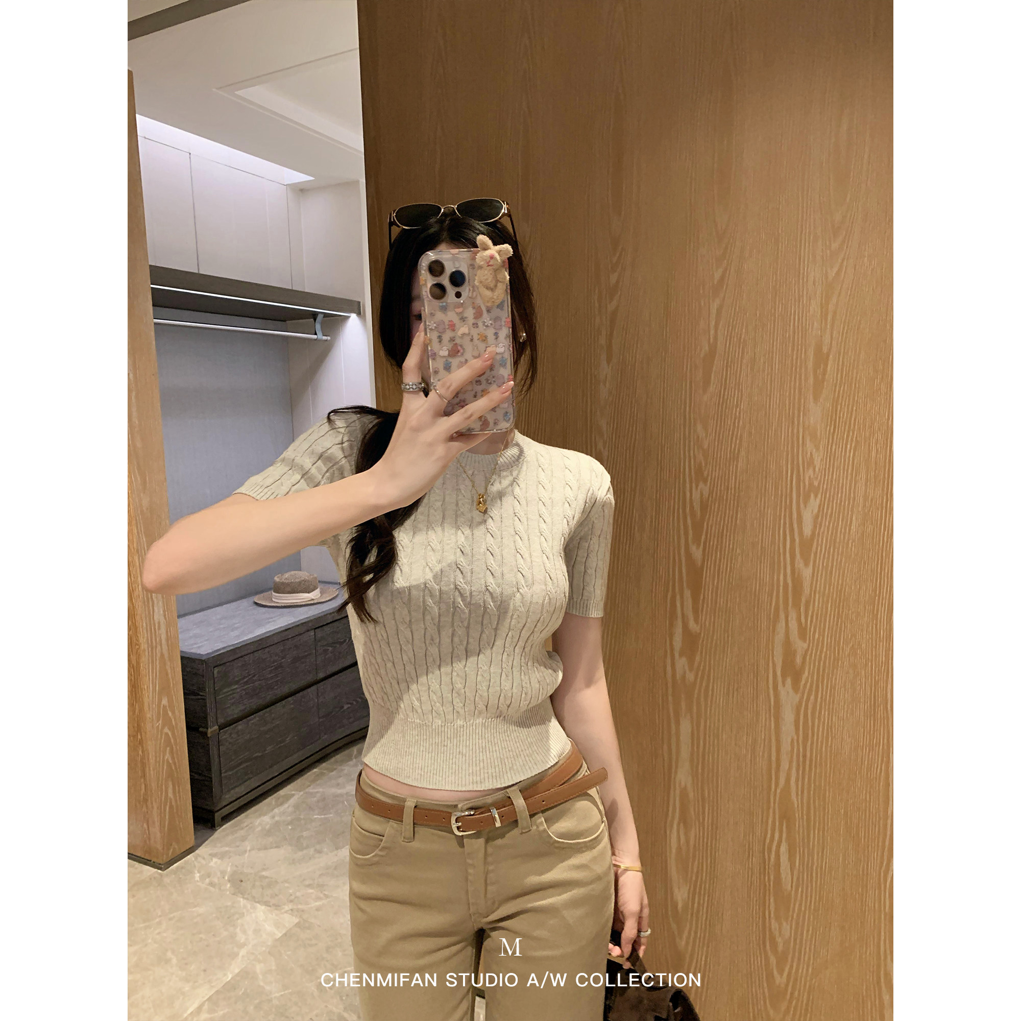 辰米范 miu系少女 复古麻花短袖T恤女基础款轻薄圆领针织短上衣