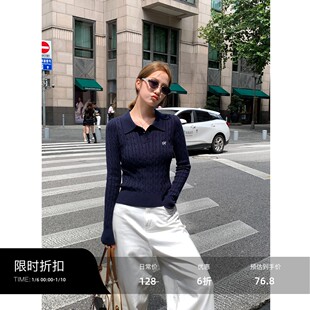 辰米范【现货6折】麻花polo领针织衫女长袖2025秋季刺绣毛衣上衣