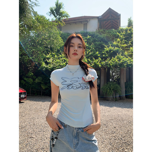 美式短袖半高领t恤女正肩上衣