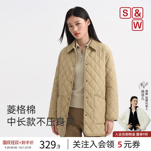 SW速惟菱格棉服中长款翻领夹克外套棉衣保暖休闲通勤秋冬冬装女士