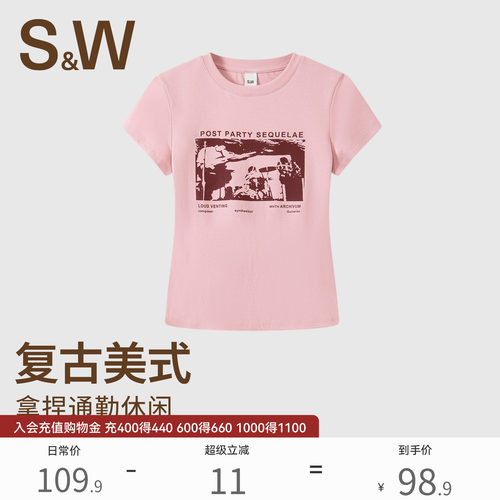 SW速惟正肩短袖女夏复古时尚印花T恤纯棉透气修身显瘦百搭上衣新