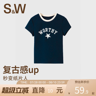 SW速惟运动短袖 女时尚 复古印花T恤纯棉正肩修身 显瘦上衣2025新款