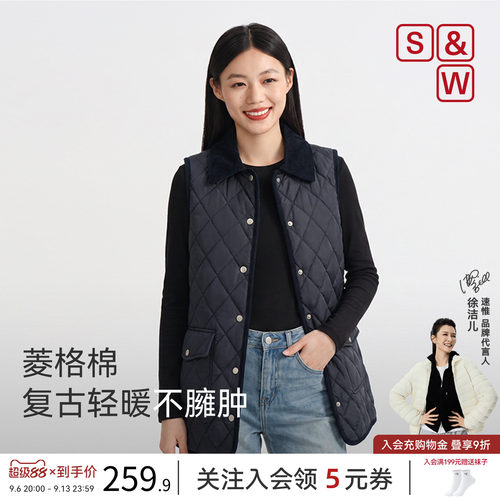 SW速惟菱格马甲复古无袖棉服翻领外套棉衣保暖休闲通勤秋冬装女士