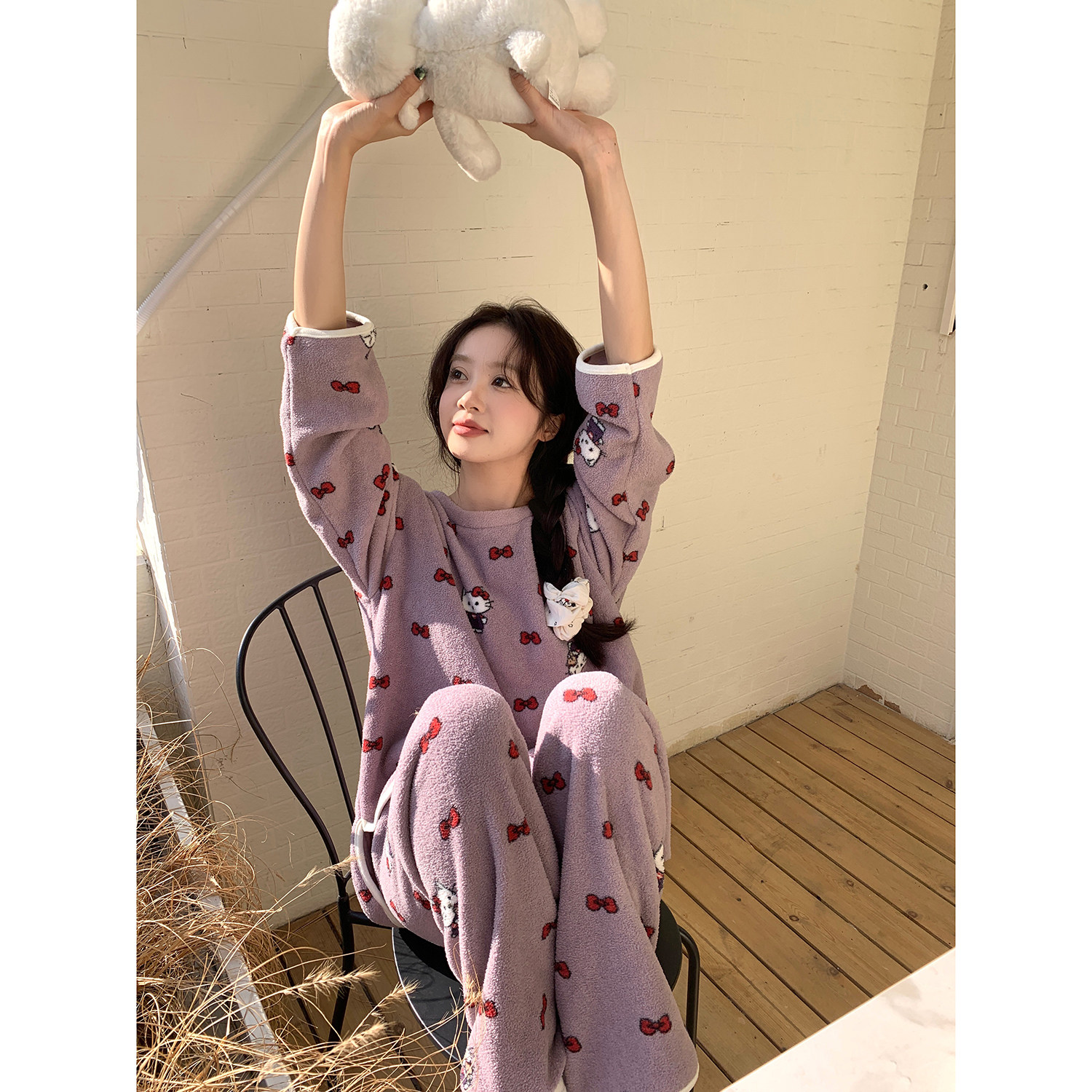 馨帮帮撞色蝴蝶结卡通猫睡衣女冬季新款毛绒绒亲肤保暖家居服套装,女士内衣/男士内衣/家居服,睡衣/家居服套装,淘宝优惠券,粉丝福利购,淘宝优惠卷