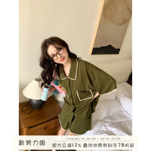 夏季 短裤 新款 短袖 家居服 绿色条纹睡衣女宽松开衫 馨帮帮Homedress