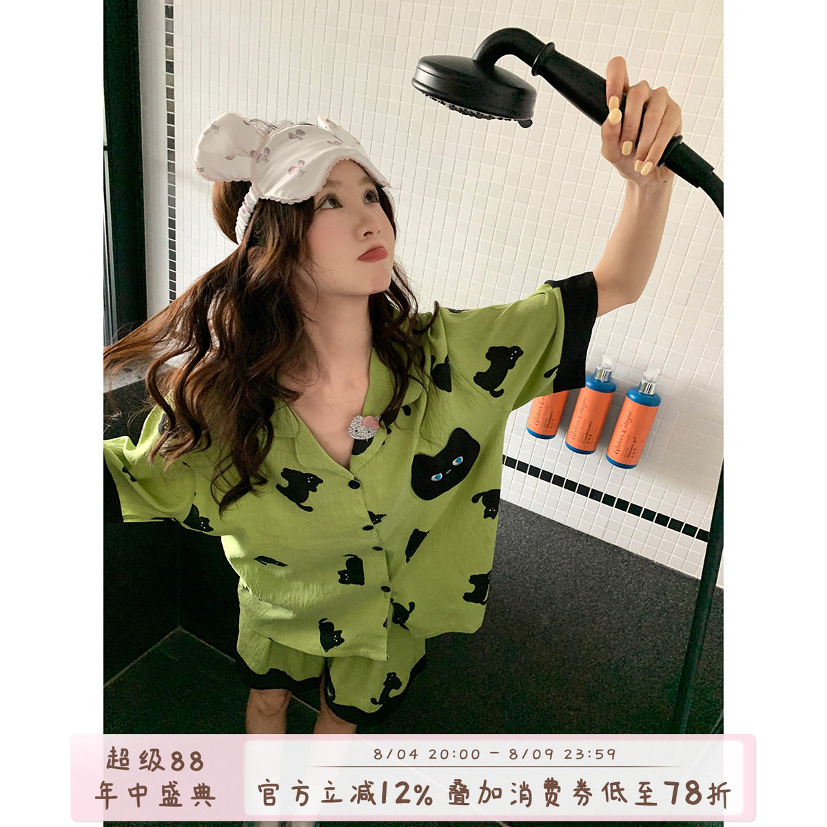 馨帮帮Homedress 猫咪翻领短袖睡衣女2026夏季舒适透气家居服套装 - 实物图