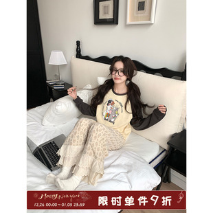 碎花蕾丝边睡裤 馨帮帮 撞色卡通睡衣女 新款 可外穿休闲家居服 春季