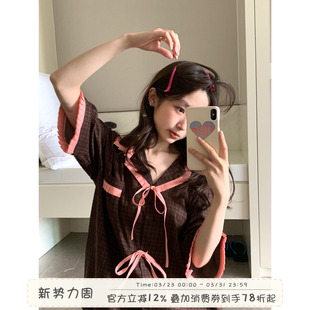 撞色蝴蝶结格纹睡衣女款 家居服套装 夏季 短裤 短袖 馨帮帮Homedress